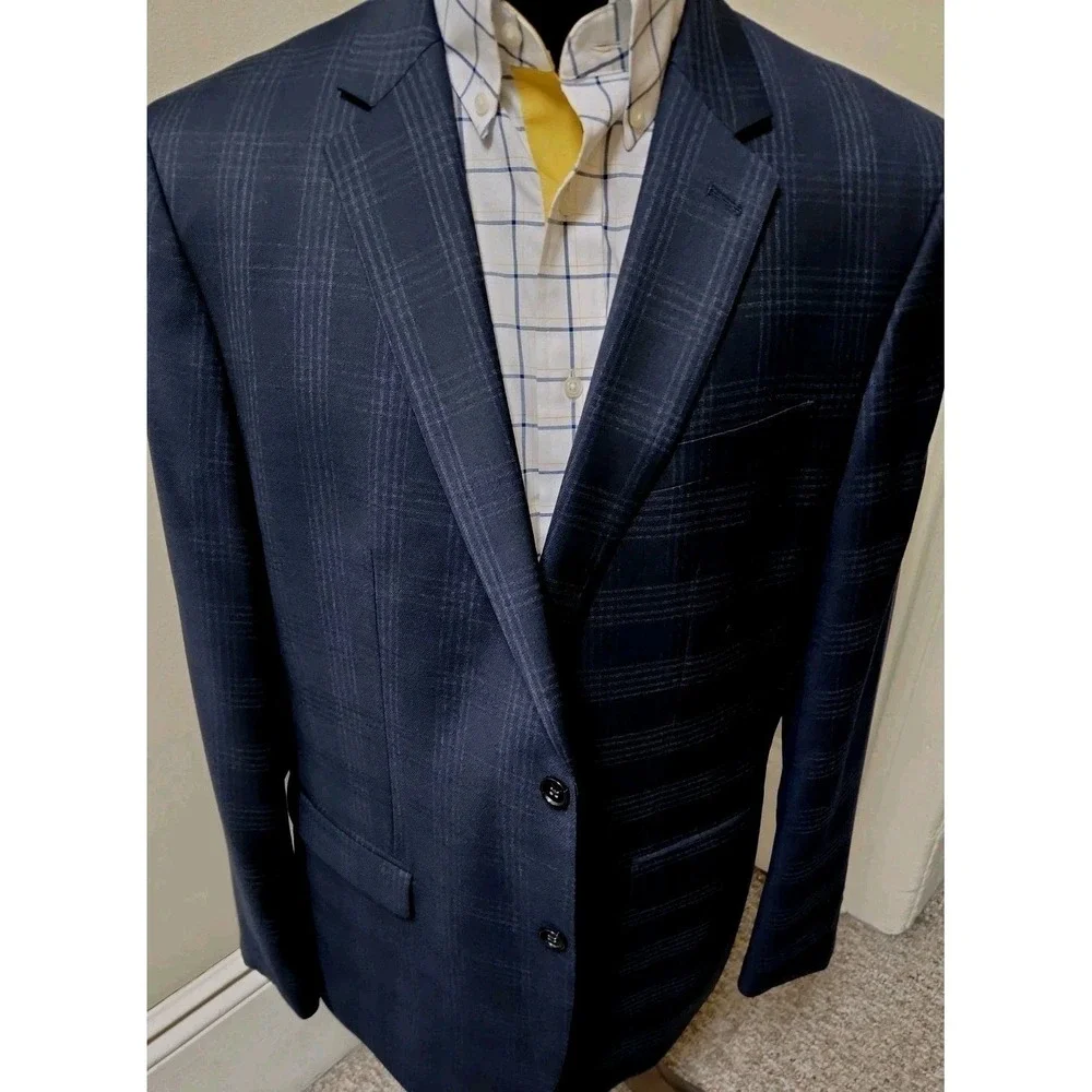 Banana Republic Slim Fit Navy Glen Plaid Marzotto Super 100s Wool Blazer 46 Long